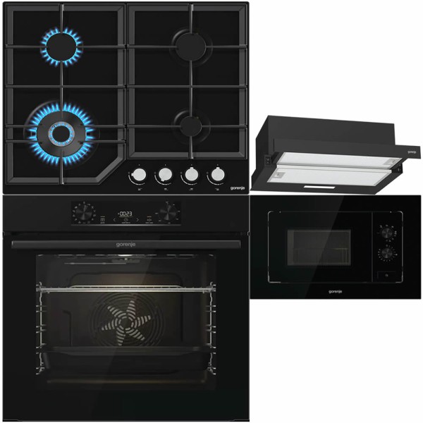 Gorenje Set Negru: Cuptor, Plită, Hota, Microunde