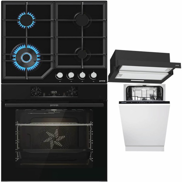 Set Gorenje Negru: Cuptor, Plita, Hota, Masina Vase
