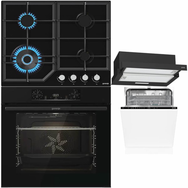 Set Gorenje Negru: Cuptor, Plită, Hota, Mașină