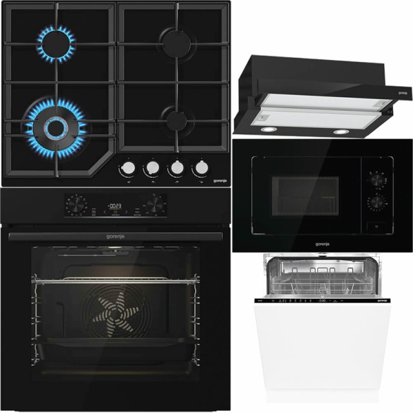 Set negru Gorenje cu cuptor, plită, hotă, microunde și vase