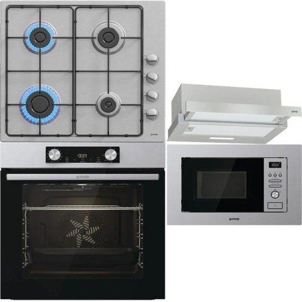 Set Gorenje Inox: Cuptor + Plită + Hota + Microunde