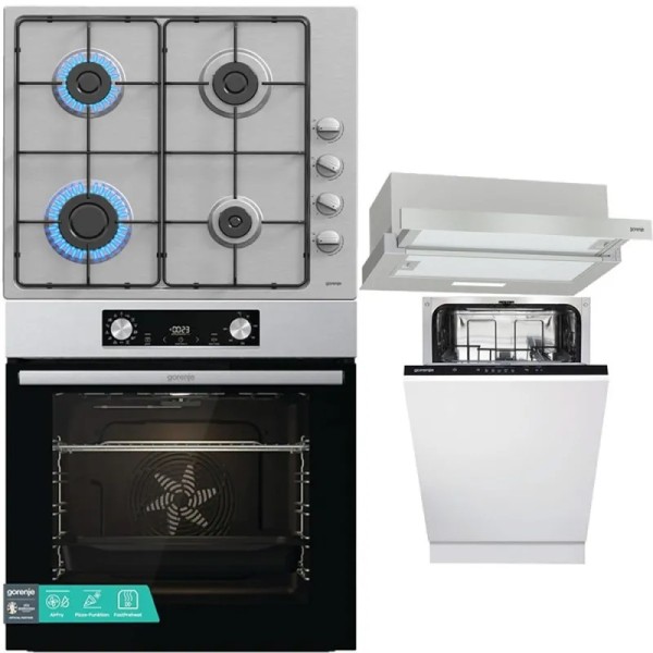 Set Inox Gorenje: Cuptor, Plită, Hota, Mașină de Spălat Vase