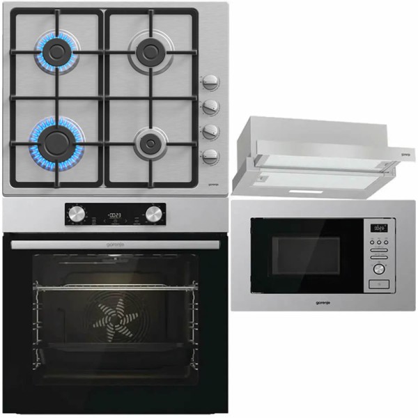 Set Gorenje Inox: Cuptor, Plită, Hota, Cuptor Microunde