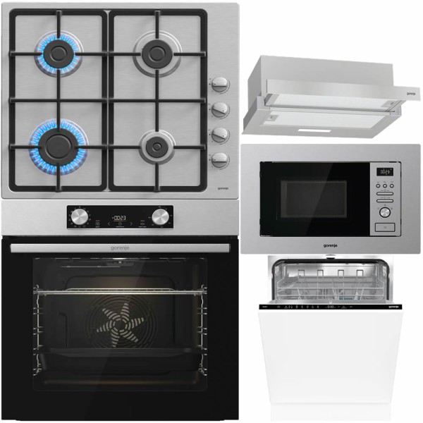 Set Gorenje Inox: Cuptor, Plită, Hota, Microunde, Mașină Spălat Vase