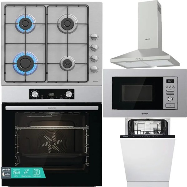 Set Gorenje Inox: Cuptor, Plită, Hotă, Microunde, Mașină Vase
