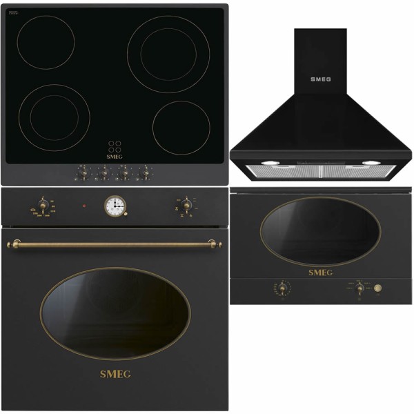 Smeg Set Electric Antracit Cuptor Plită Hota Microunde