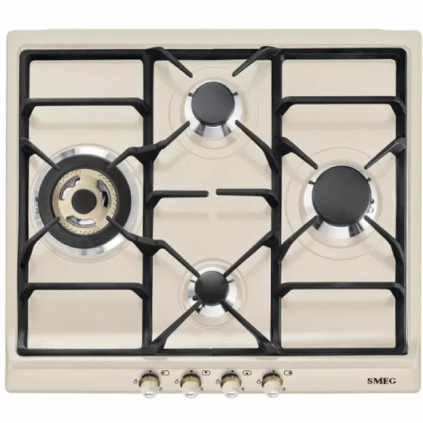 Plita pe gaz incorporabila Cortina Crem Smeg SR764PO, ( 4 arzatoare, arzator wok-rapid, gratare din fonta )
