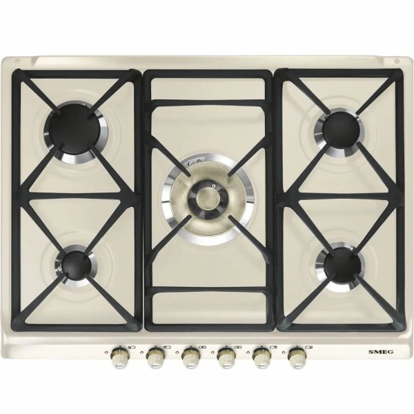 Plita pe gaz incorporabila Cortina Crem Smeg SR775PO, ( 5 arzatoare, latime 70 cm, arzator wok, gratare fonta )