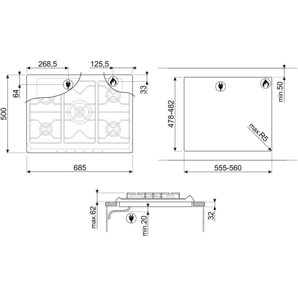 Plita pe gaz incorporabila Cortina Inox Smeg SR975XGH, ( 5 arzatoare, latime 70 cm, arzator wok, gratare fonta )