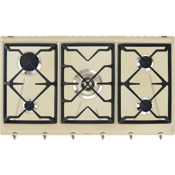 Plita pe gaz incorporabila Colonial Crem Smeg SRV896POGH, ( 5 arzatoare, latime 90 cm, arzator wok, gratare fonta )