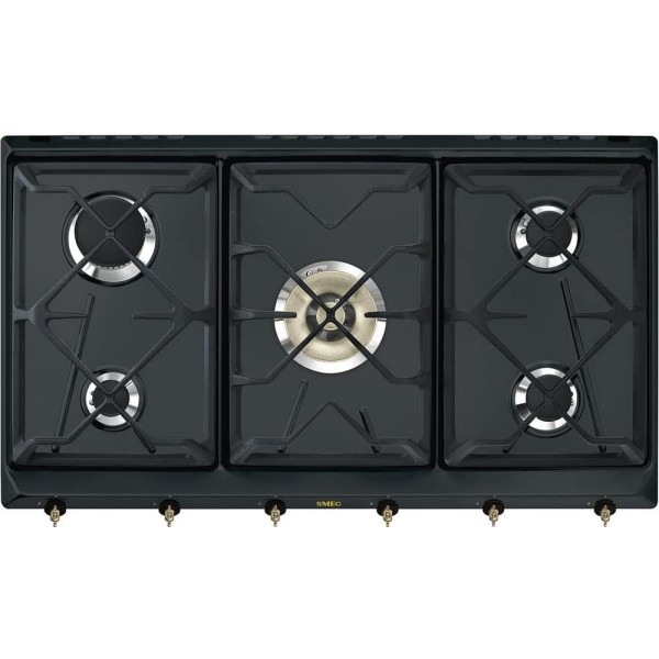 Plita pe gaz incorporabila Colonial Antracit Smeg SRV896AOGH, ( 5 arzatoare, latime 90 cm, arzator wok, gratare fonta )