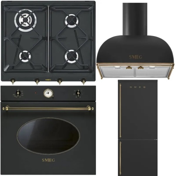Smeg: Set Antracit Cuptor+Plita+Hota decorativa+Combina Frigorifica SF68C1AO - SRV864AOGH (wok, fonta) - KS59AOE2 - FA8005RAO6