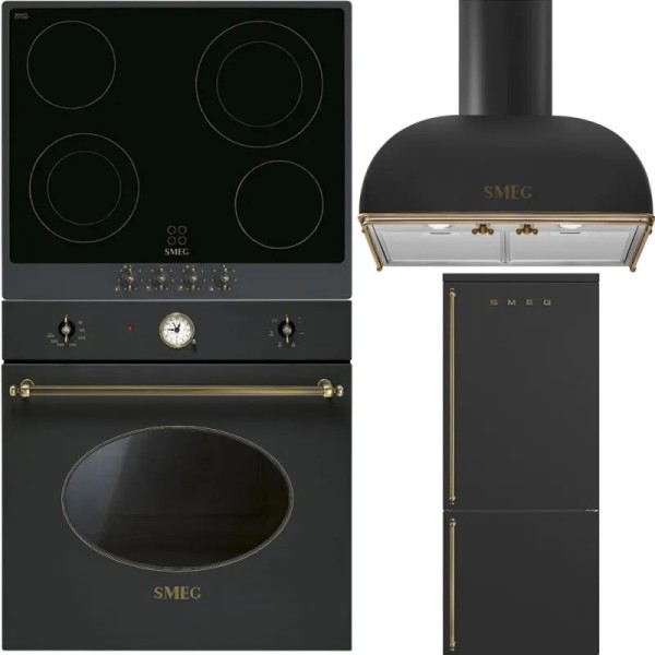 Smeg: Set electric Antracit Cuptor+Plita+Hota decorativa+Combina Frigorifica SF68C1AO - P864AO (4 zone) - KS59AOE2 - FA8005RAO6