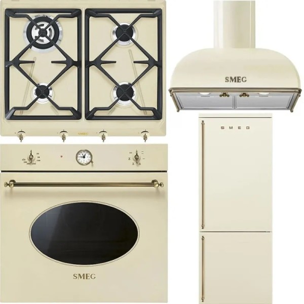 Smeg: Set Crem Cuptor+Plita gaz+Hota decorativa+Combina Frigorifica SF68C1PO - SRV864POGH ( wok, fonta ) - KS59POE2 - FA8005RPO6