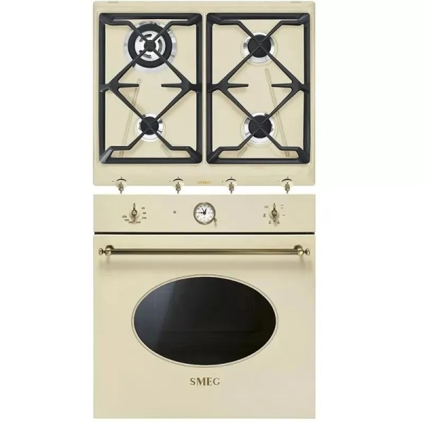 Set Smeg Cuptor şi Plită Crema cu Finisaje Alama