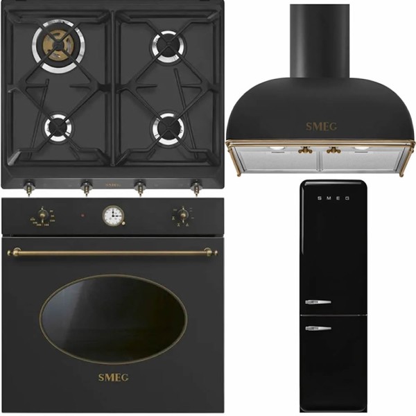 Smeg: Set Antracit Cuptor+Plita+Hota decorativa+Combina Frigorifica SF68C1AO - SRV864AOGH (wok, fonta) - KS59AOE2 - FAB32RBL6