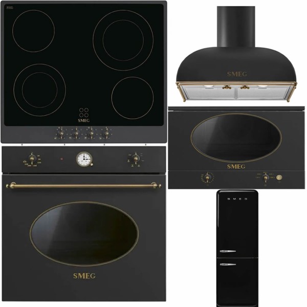 Smeg Set Electrocasnice Antracit Cuptor Plită Hota Microunde Frigider
