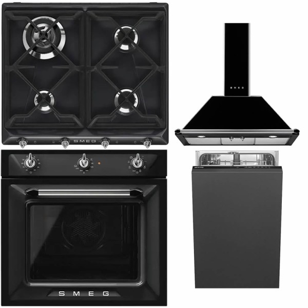 Smeg Set Negru Victoria Cuptor+Plită+Hota+Mașină spălat