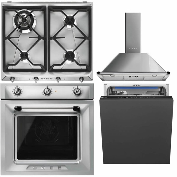 Set Smeg Victoria Inox: Cuptor, Plită, Hota, Mașină Vase